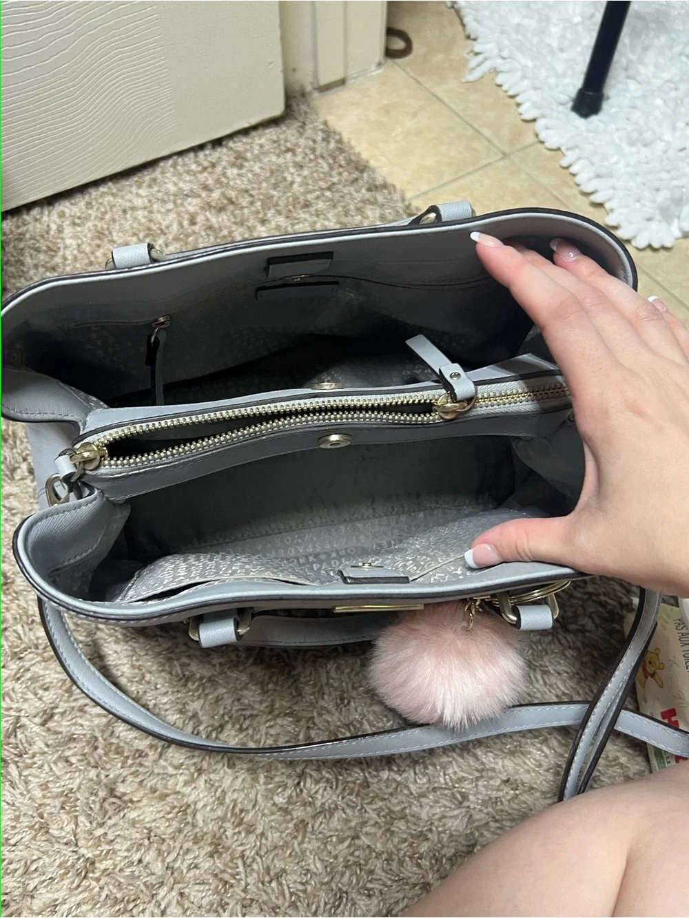kate spade Light Gray Satchel with Matching Wallet and Pink Pom Keychain